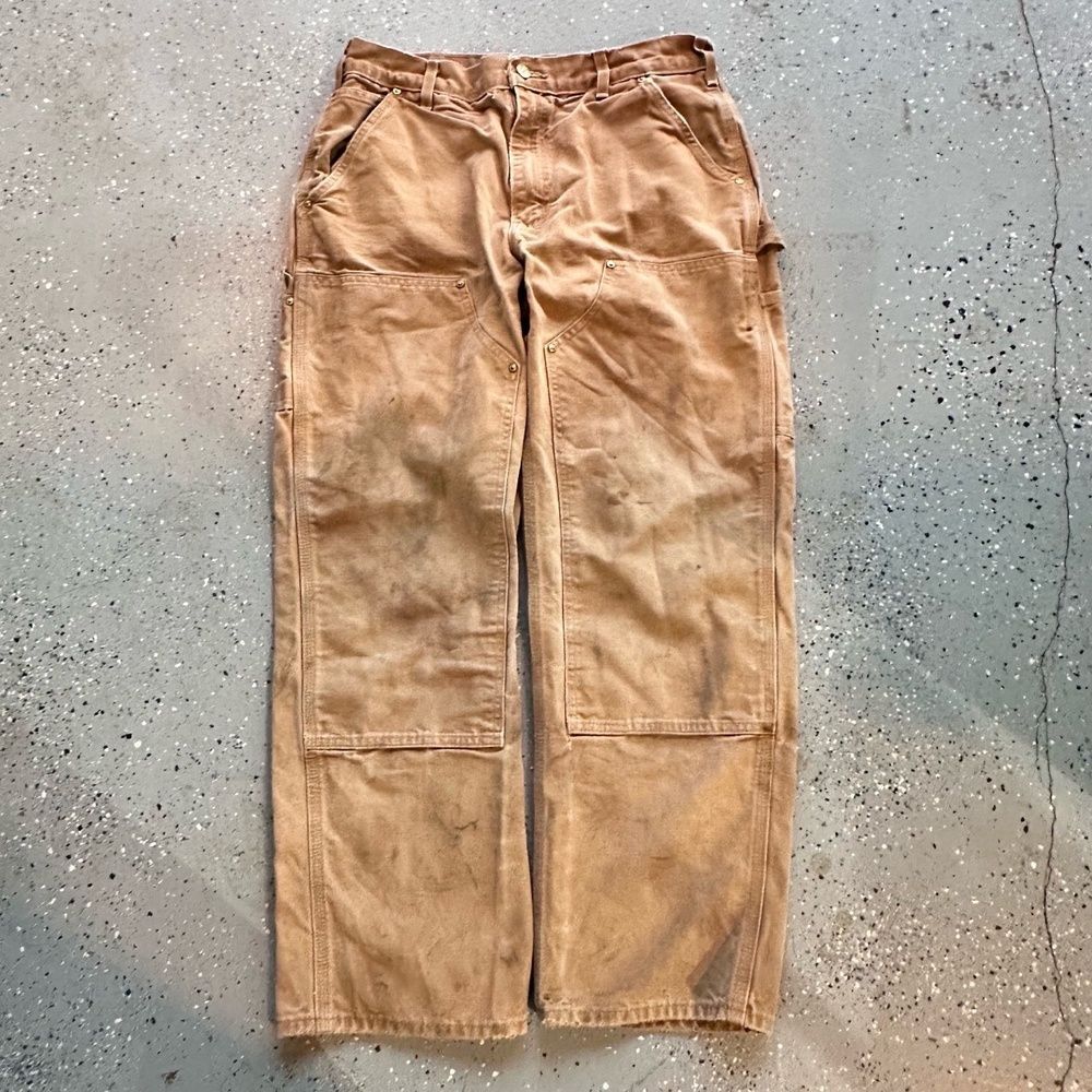 VTG 90s Carhartt Workwear Double Knee Canvas Pants Faded Cream Distressed 34x30